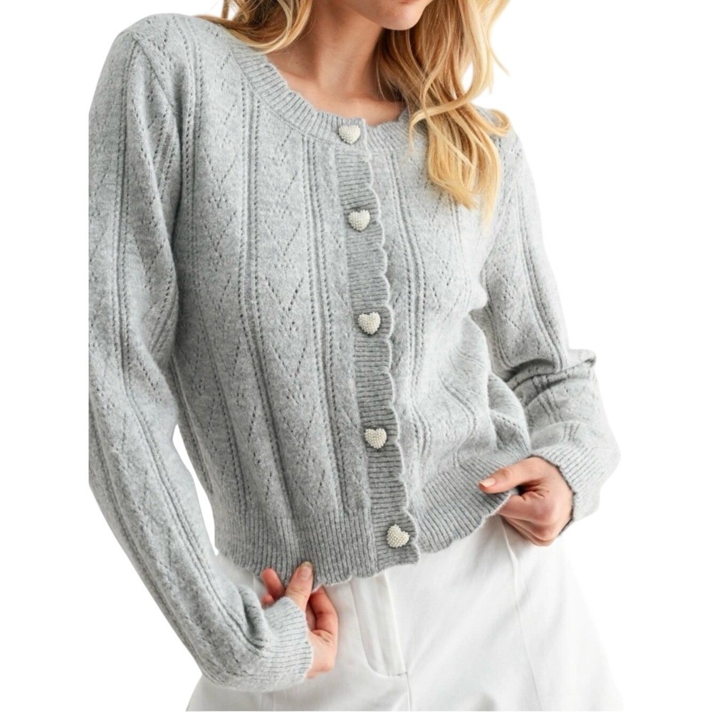 Lush Cozy Gray Cable Knit Cardigan Sweater pearl Heart Buttons coquette Sz M NWT